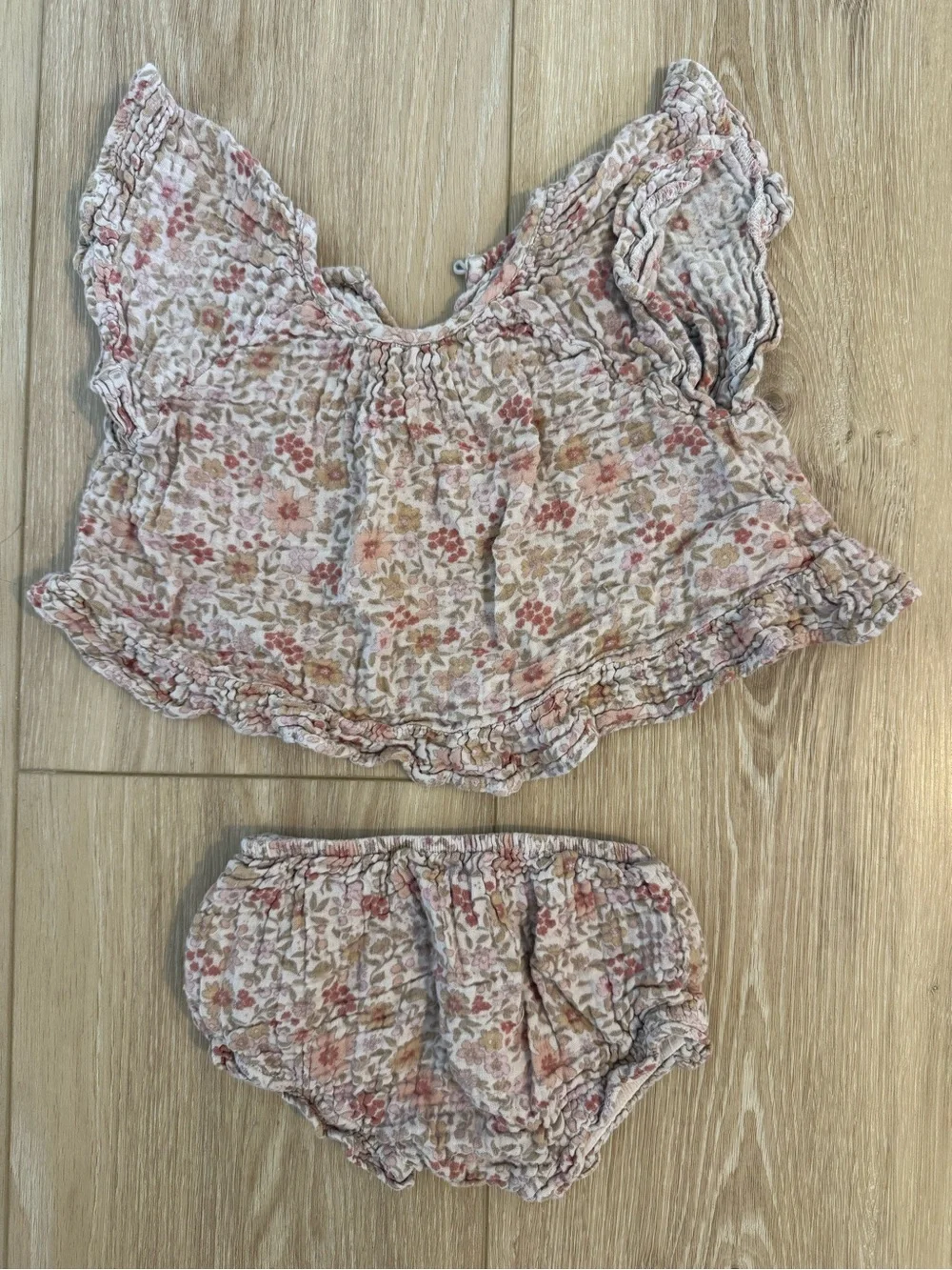 Rylee + Cru Pink Cream Floral Ruffle Top & Bloomers Set